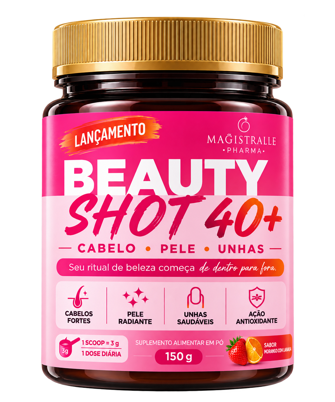 Pote do Beauty Shot 40+ — cabelo, pele e unhas, sabor morango com laranja, 150 g