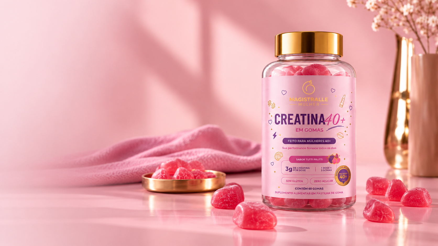 Pote de Creatina 40+ em Gomas com as gomas ao redor